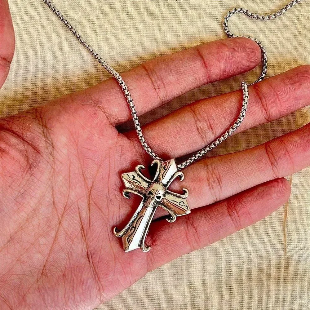 y2k grunge chrome color silver cross skull pendant necklace